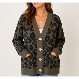 Shannon Passero Cardigan Sweater Leopard Print Olive‎ Green Black One size